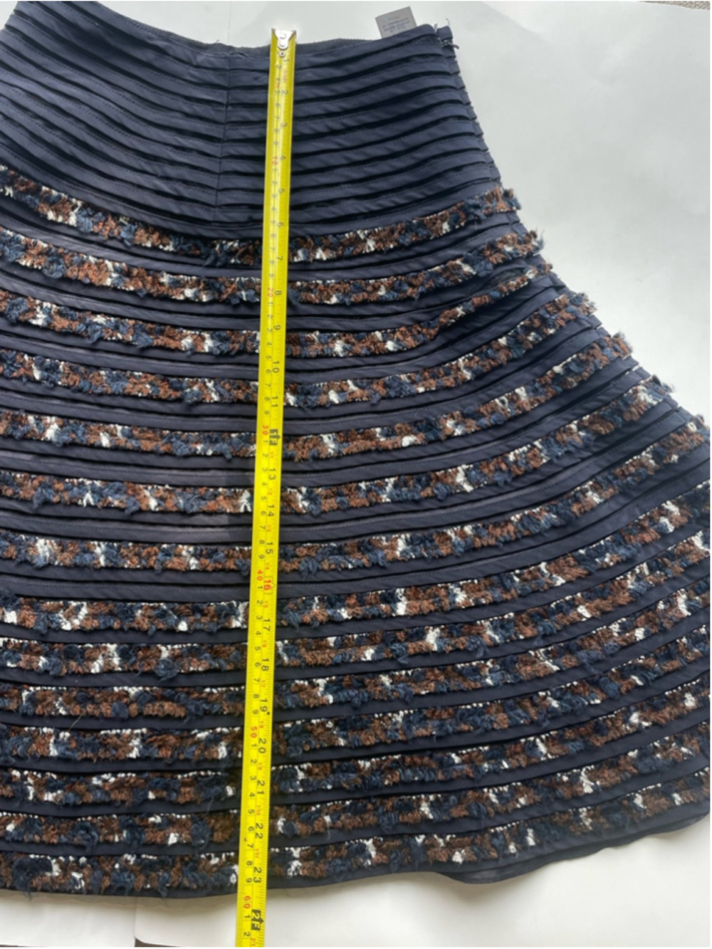 Oscar de la Renta Silk Lined Wool Blend Tweed Ribbon Midi Skirt Navy A Line Text - Picture 3 of 10